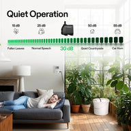 VIVOSUN quiet 30 dB automatic drip irrigation kit watering lush indoor plants, a woman sleeps peacefully on a sofa.