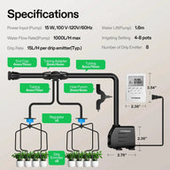 VIVOSUN automatic drip irrigation kit specifications with pump, timer, various tubing, regulators, hole punch, and 8 drip emitters.