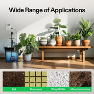 VIVOSUN automatic drip irrigation system for potted plants, showing use with soil, rock wool, clay pebbles, and mixed substrates.