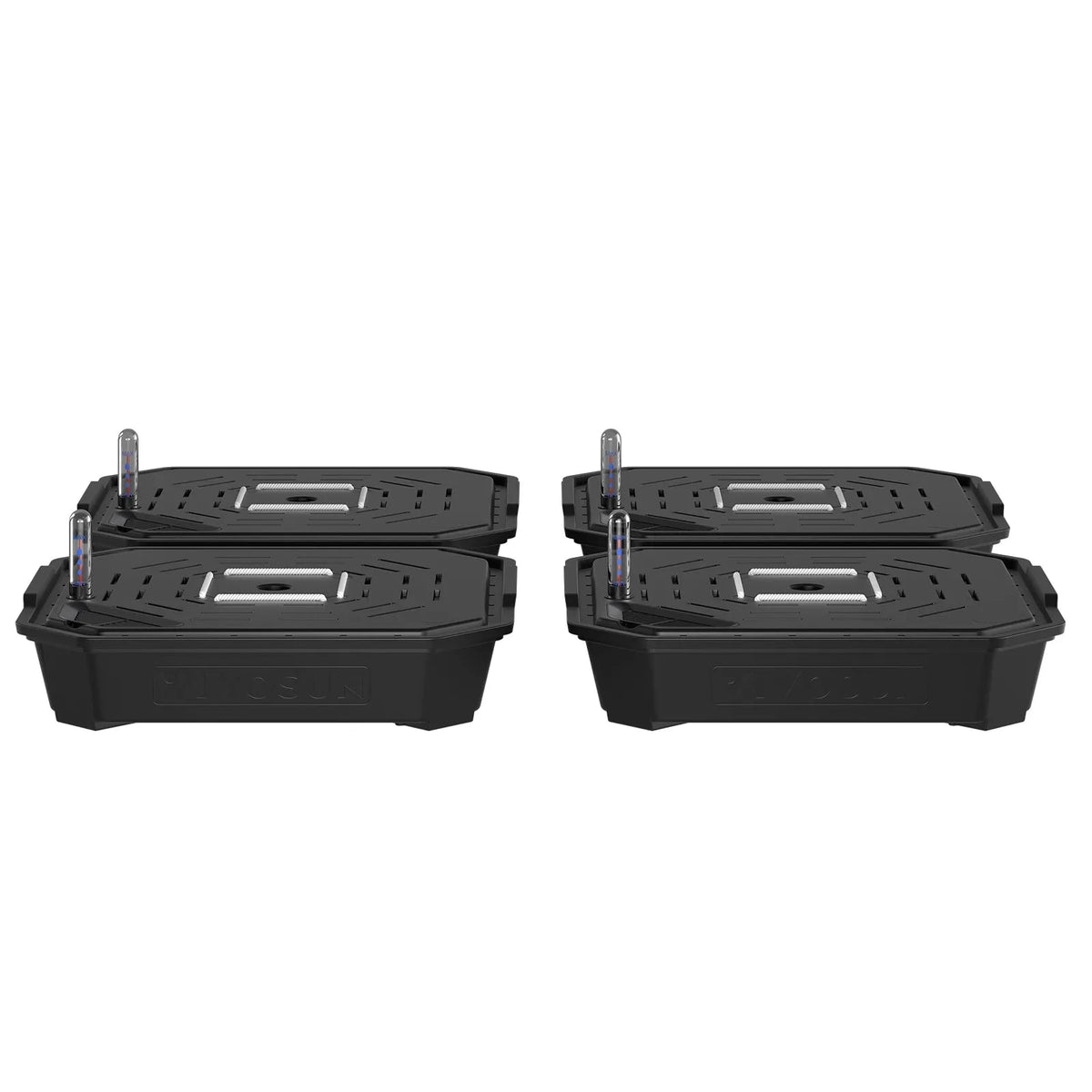 VIVOSUN FlexFeed 4-pack self-watering fabric pot bases: four black units with 6L reservoirs, clear indicators.