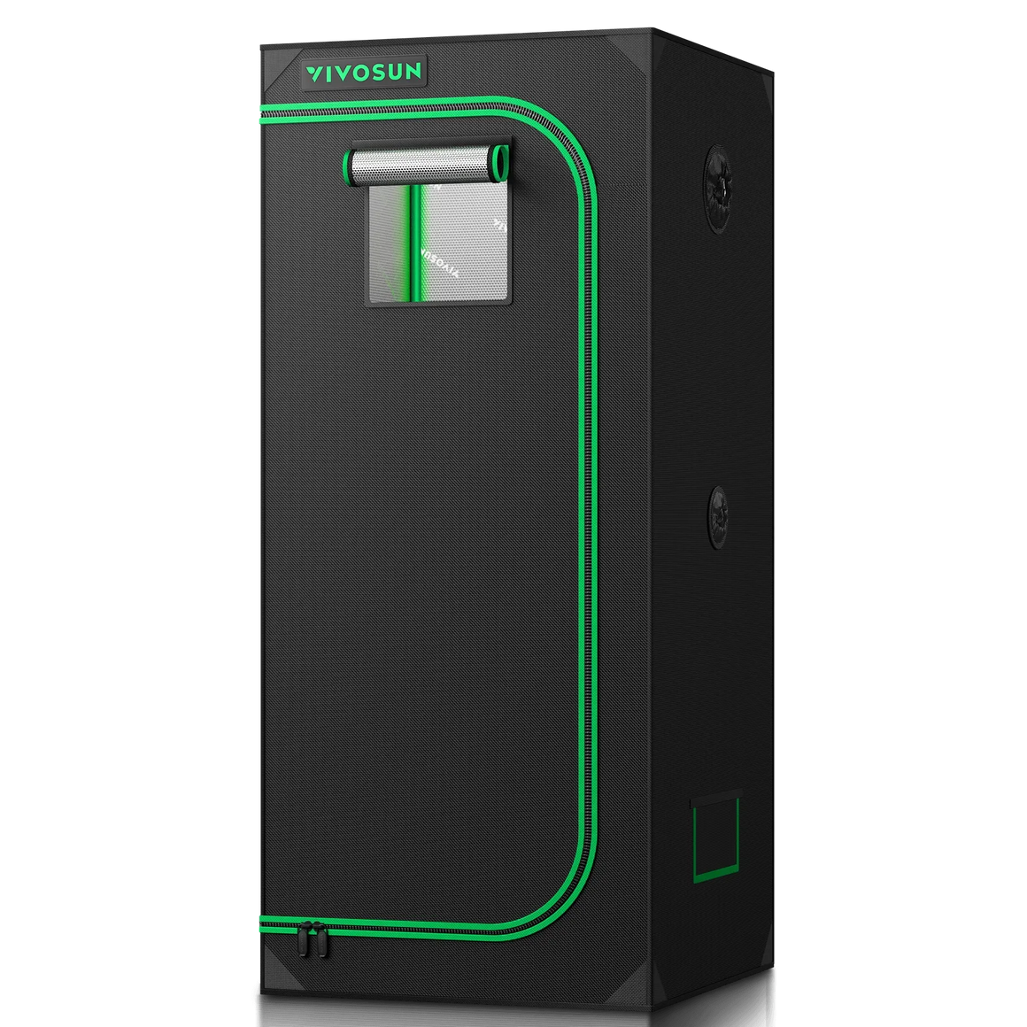 VIVOSUN grow tent: black exterior, green trim, zippered door, ventilation ports, and window.