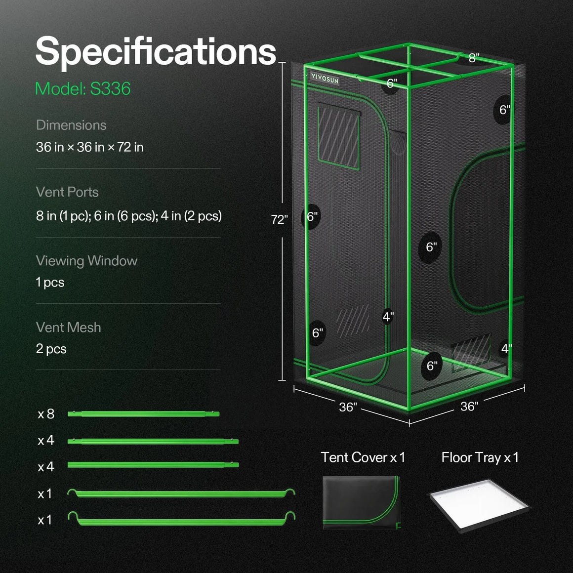 VIVOSUN 2x2x6ft grow tent, features 36"x36"x72" dimensions, multiple vent ports, and viewing window.