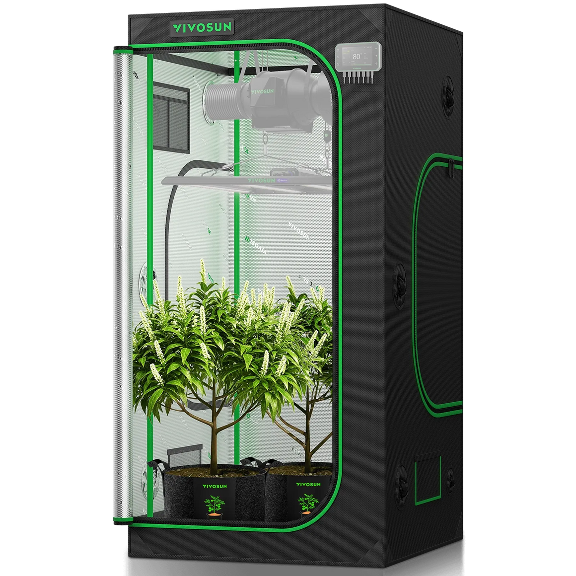 VIVOSUN grow tent with LED light, fan, and two plants in pots.
