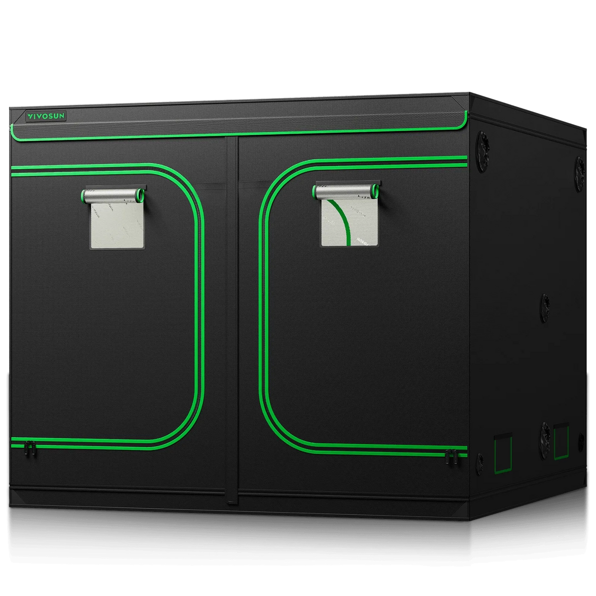 Black VIVOSUN grow tent with green trim and two observation windows.