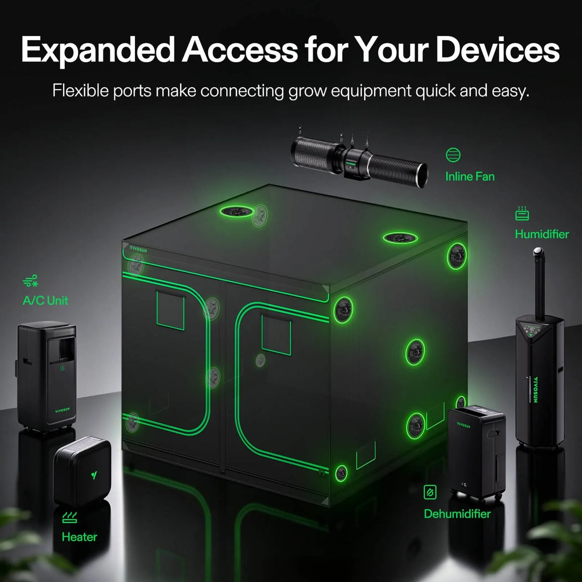 VIVOSUN grow tent with ports for inline fan, humidifier, A/C, heater, and dehumidifier.