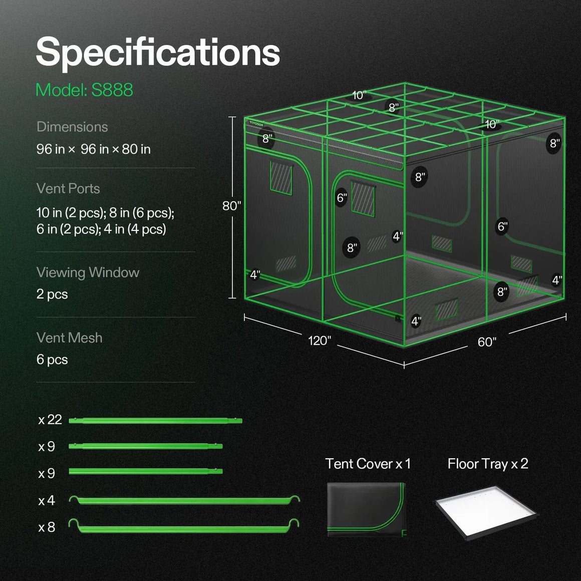 VIVOSUN S888 grow tent specifications: 96x96x80 inches, multiple vent ports, viewing window, vent mesh, poles, tent cover, floor trays.