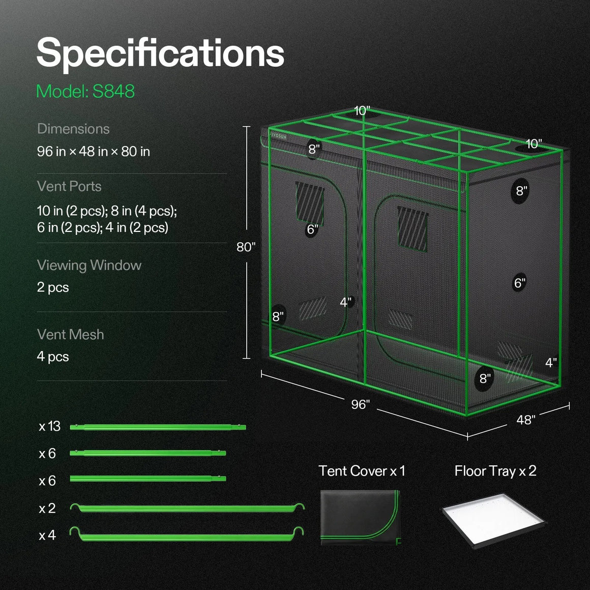 VIVOSUN S105 10x5 ft grow tent specs: 96" x 48" x 80", multiple vent ports, viewing window, vent mesh.