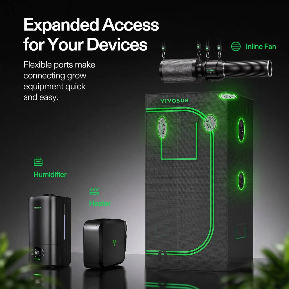 VIVOSUN grow tent with inline fan, humidifier, and heater. Expanded access for devices.