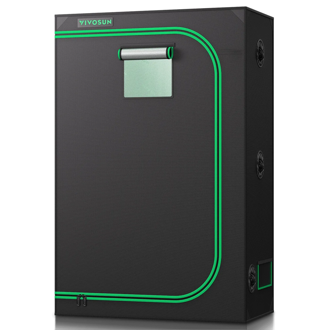 VIVOSUN slim-fit grow tent with green trim, ventilation ports, and observation window.