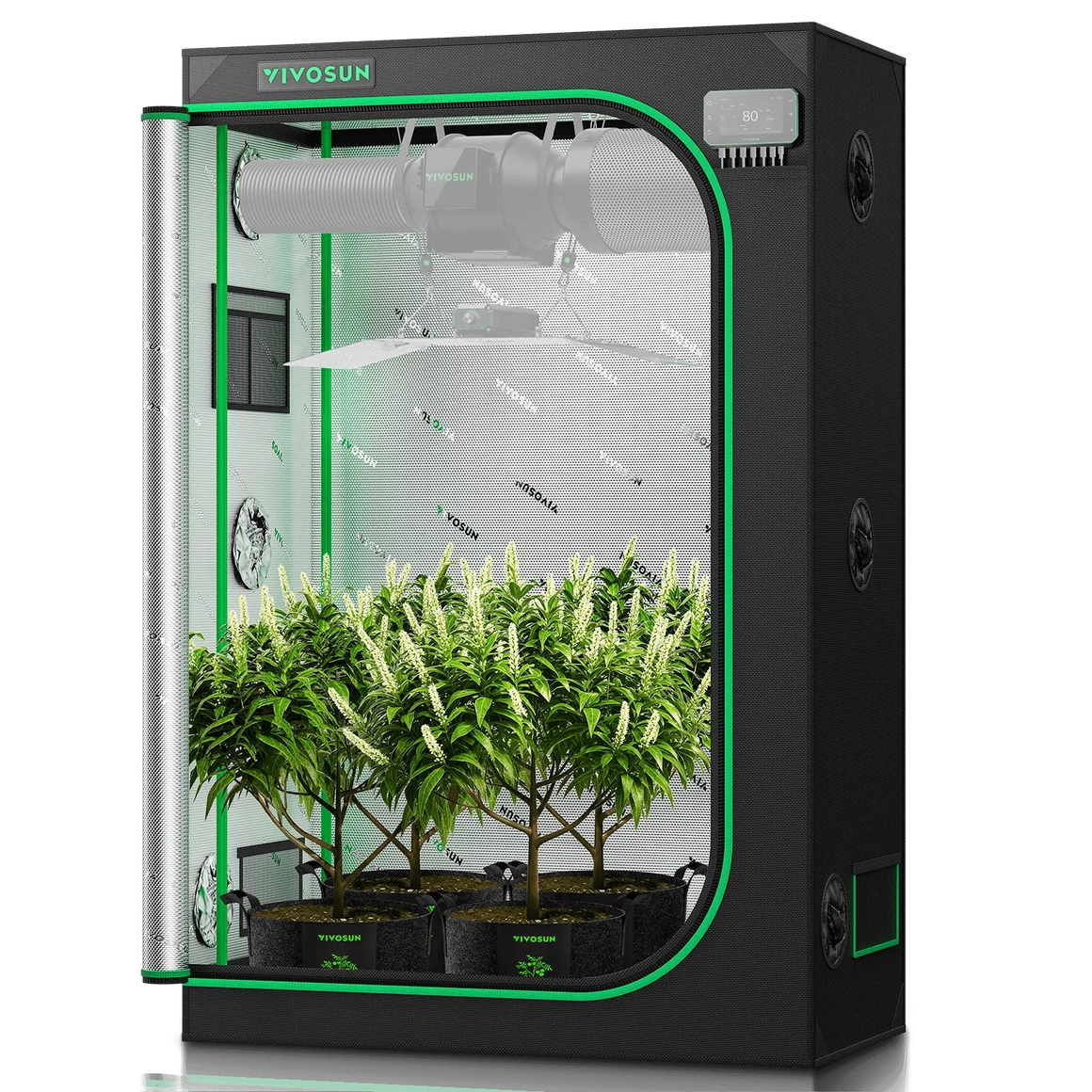 VIVOSUN 4x2 slim fit grow tent with plants, fan, and LED light inside.