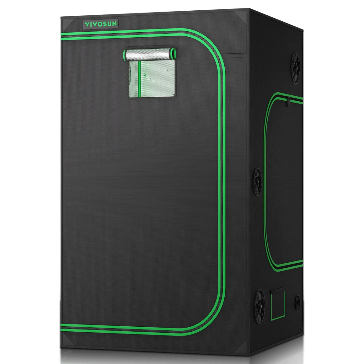 VIVOSUN black grow tent with green trim, ventilation ports, and a clear window.