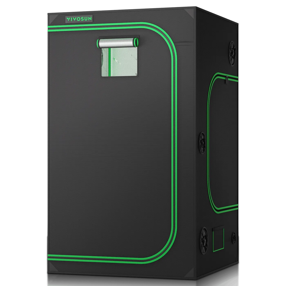 VIVOSUN black grow tent with green trim, ventilation ports, and a clear window.