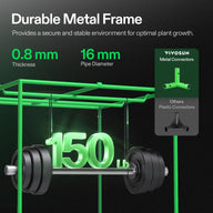 VIVOSUN grow tent features a durable 0.8mm thick, 16mm diameter metal frame supporting 150 lbs with metal connectors.