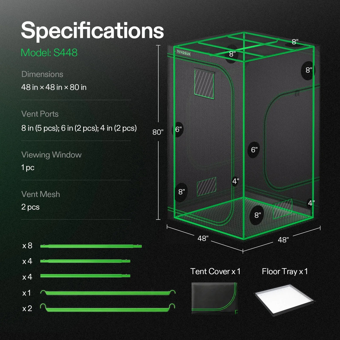 VIVOSUN S448 grow tent specifications: 48"x48"x80", multiple vent ports, viewing window, vent mesh.