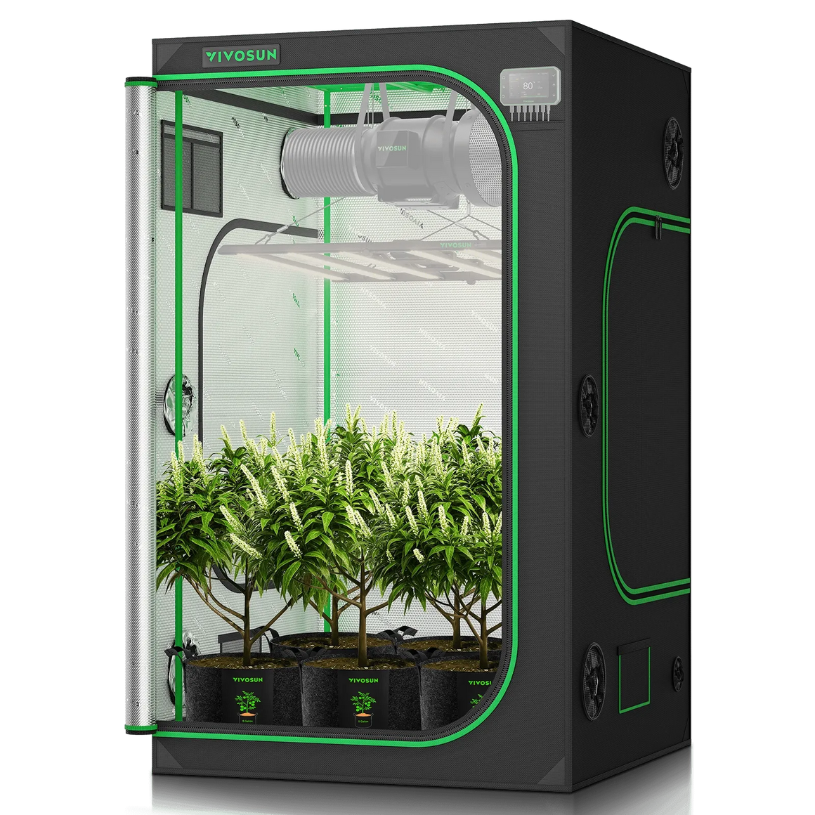 VIVOSUN 4x48 grow tent with 4 plants, grow light, fan, and thermometer.