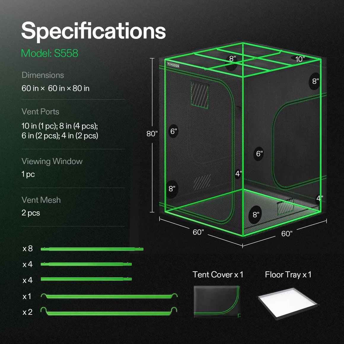 VIVOSUN 5x5 grow tent specs: 60"x60"x80" dimensions, multiple vent ports, viewing window, mesh, tent cover, and floor tray.