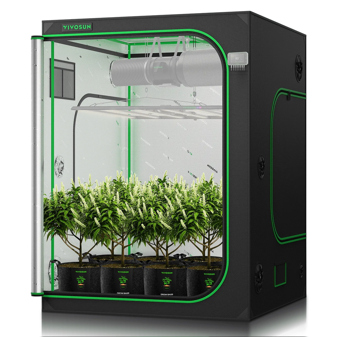 VIVOSUN 5x5 grow tent with LED lights, ventilation, and lush plants.