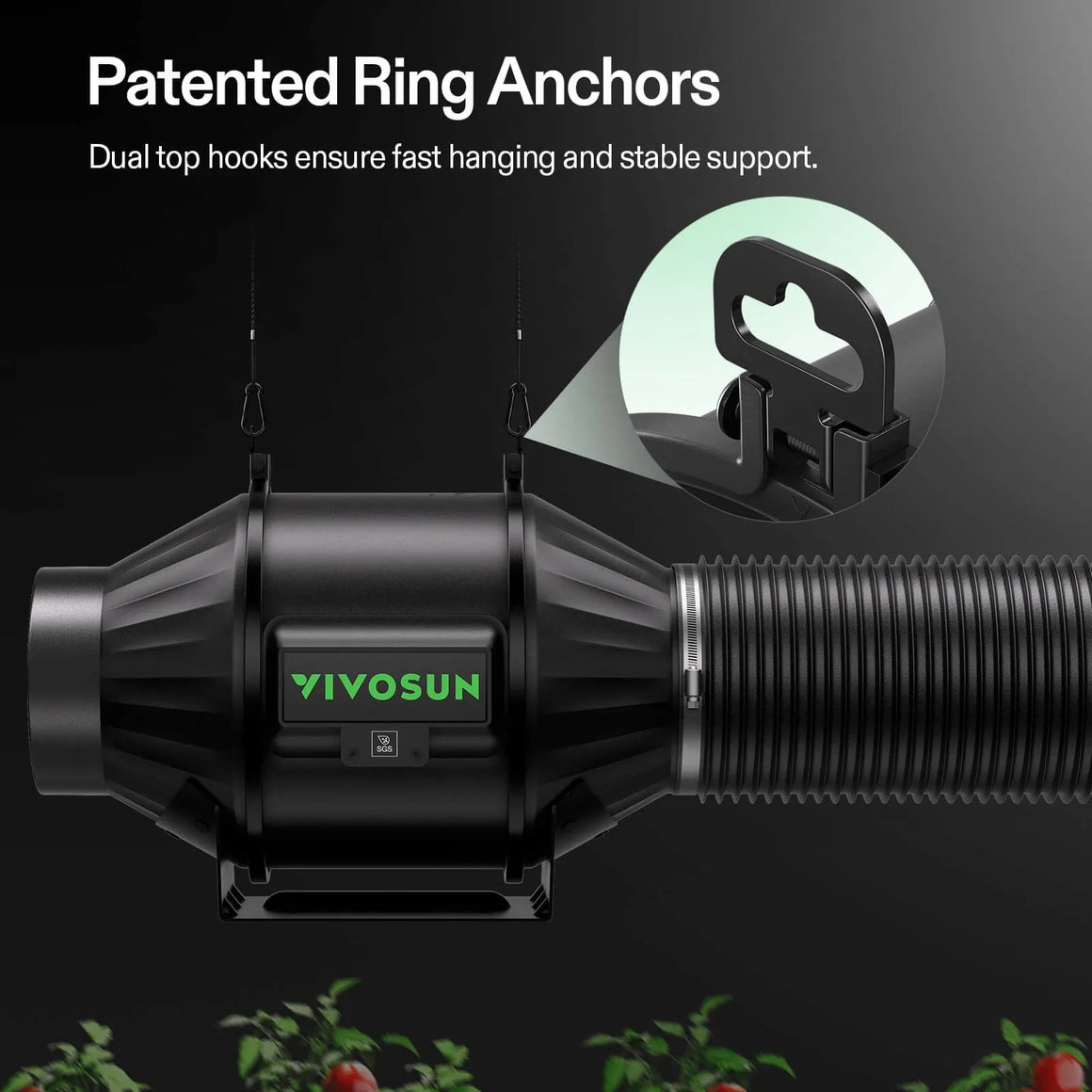 VIVOSUN inline fan with patented ring anchors for stable support and quick hanging.