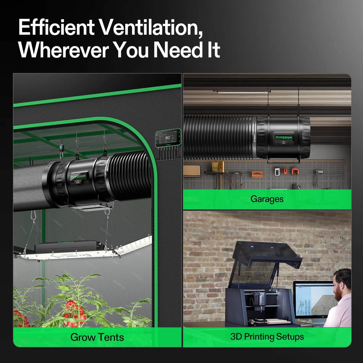 VIVOSUN grow tent ventilation system with smart controller, shown in a grow tent and garage.