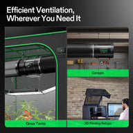 VIVOSUN grow tent ventilation system with smart controller, shown in a grow tent and garage.