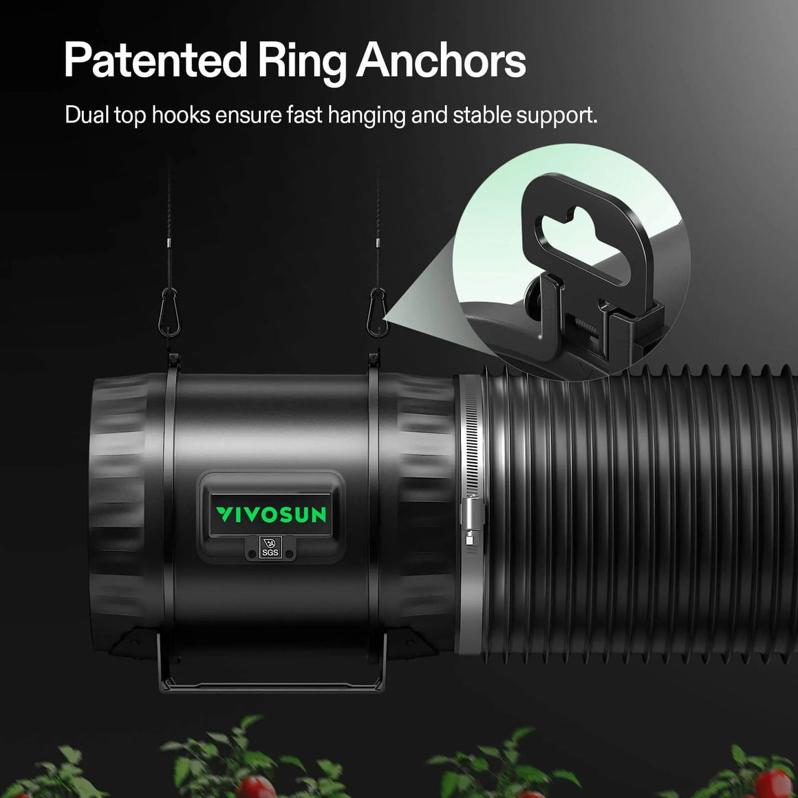 VIVOSUN inline fan with patented ring anchors and dual top hooks, attached to a flexible duct.