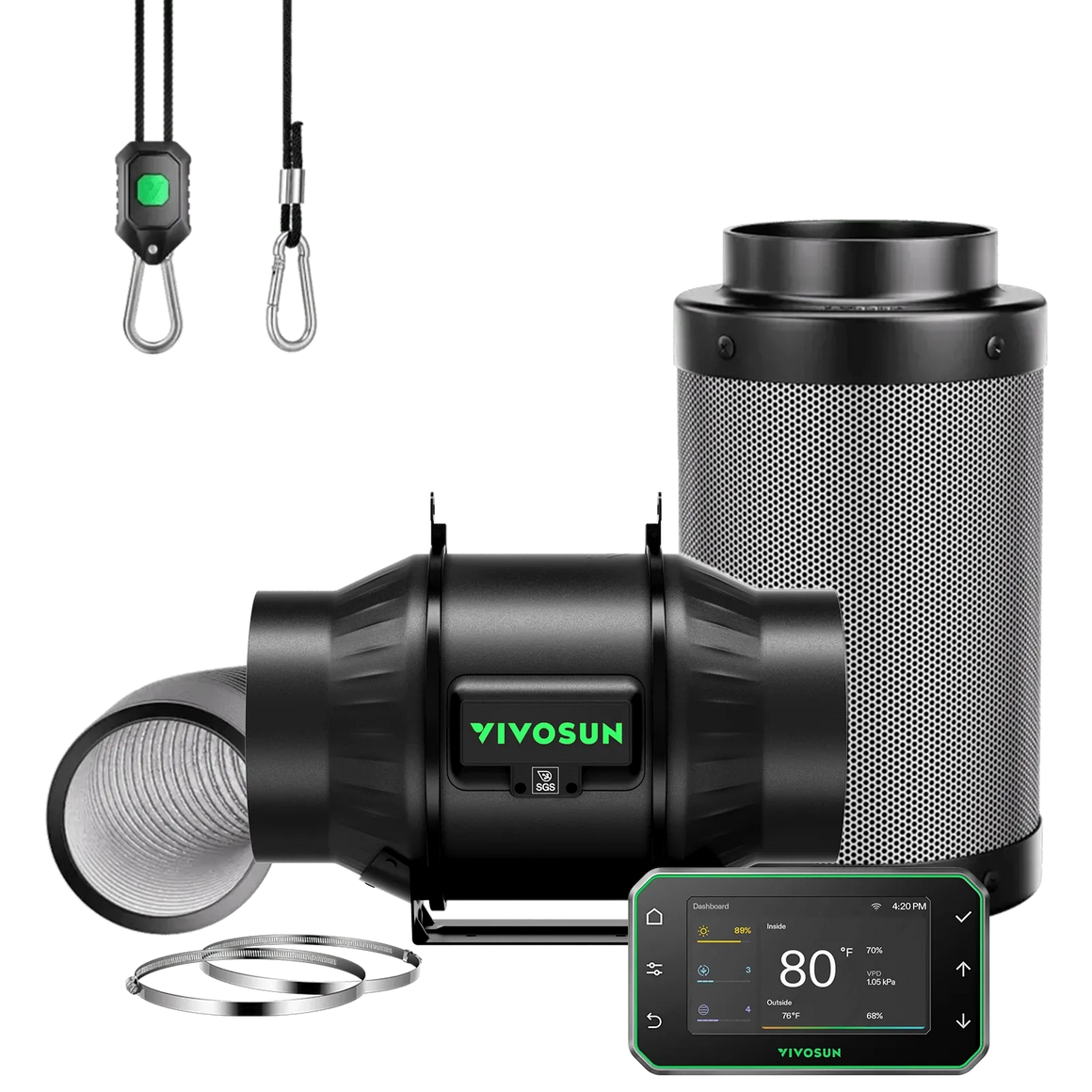 VIVOSUN smart air filtration kit with inline fan, carbon filter, digital controller, and hangers on a black background.