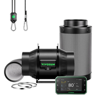 VIVOSUN smart air filtration kit with inline fan, carbon filter, digital controller, and hangers on a black background.