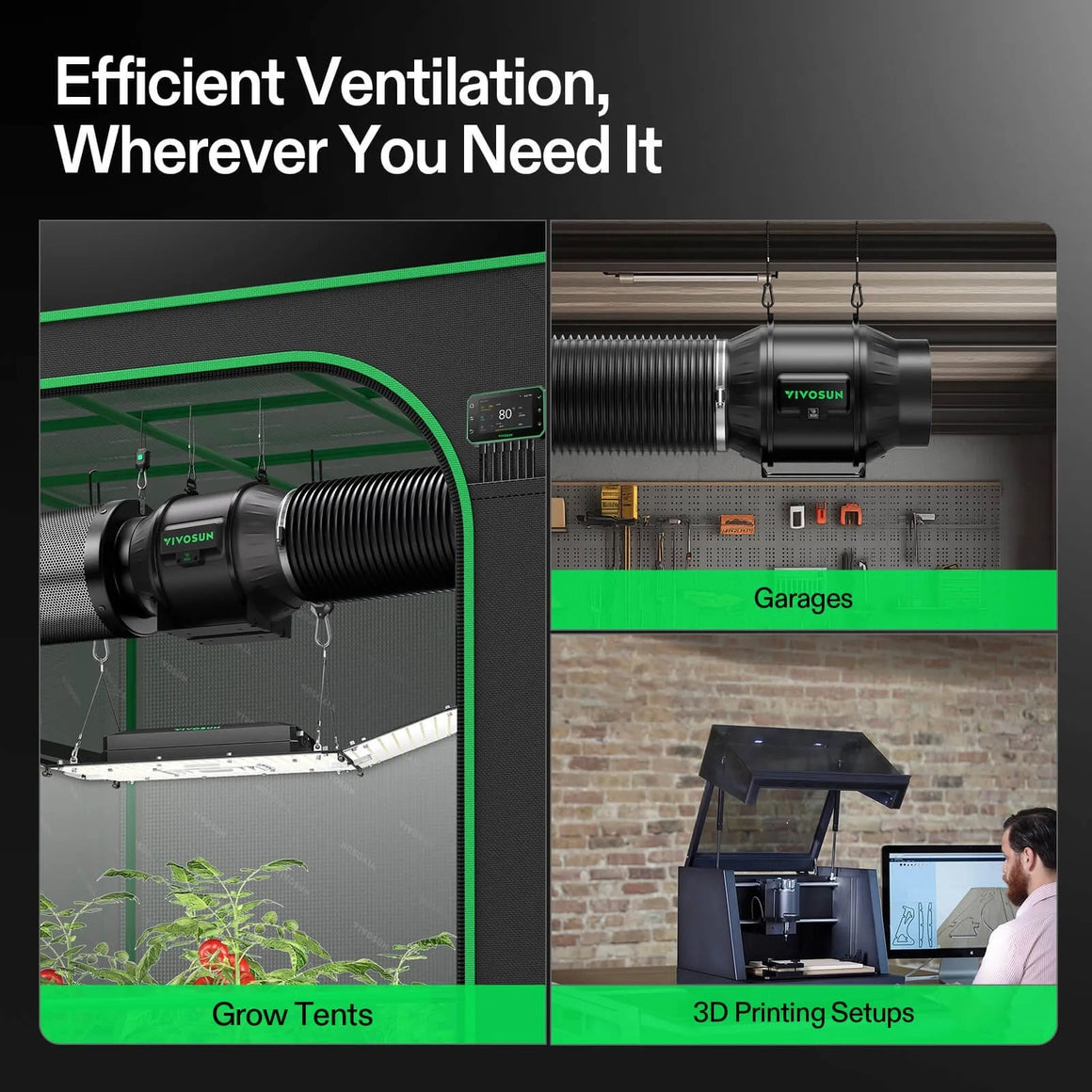 VIVOSUN inline fan in grow tent with plants, garage with tools, and 3D printer setup.