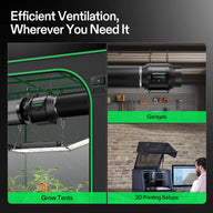 VIVOSUN inline fan in grow tent with plants, garage with tools, and 3D printer setup.