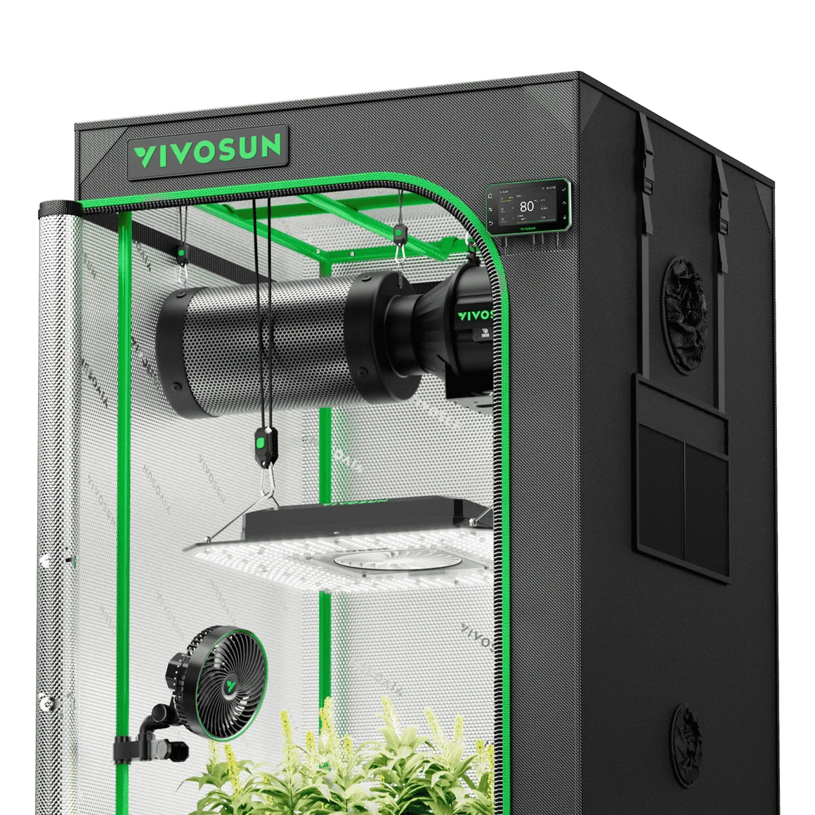 VIVOSUN grow tent with LED lights, fan, and ventilation system.