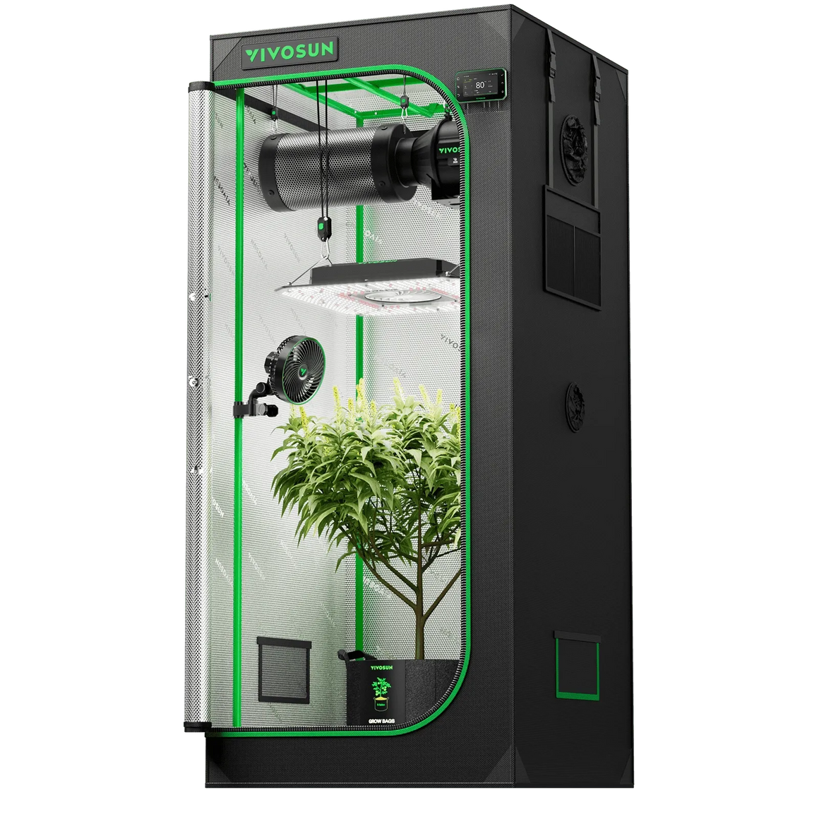 A VIVOSUN grow tent with a plant, LED light, fan, and ventilation system.