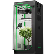 A VIVOSUN grow tent with a plant, LED light, fan, and ventilation system.