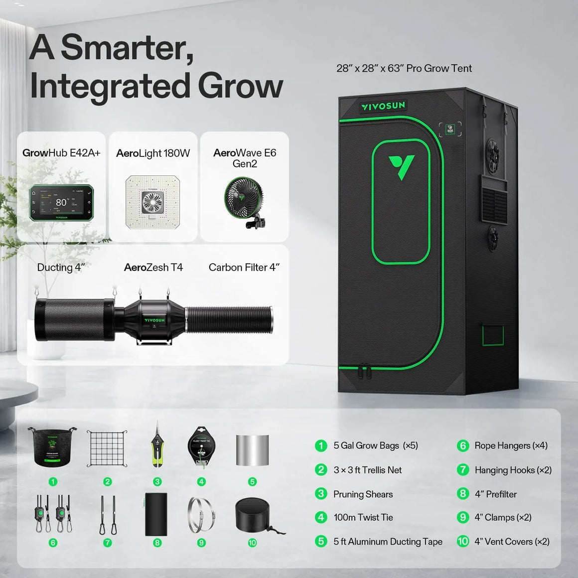 VIVOSUN Pro Grow Tent Kit with GrowHub, light, fan, filter, ducting, bags, net, shears, tie, hangers, hooks, prefilter, clamps, covers.