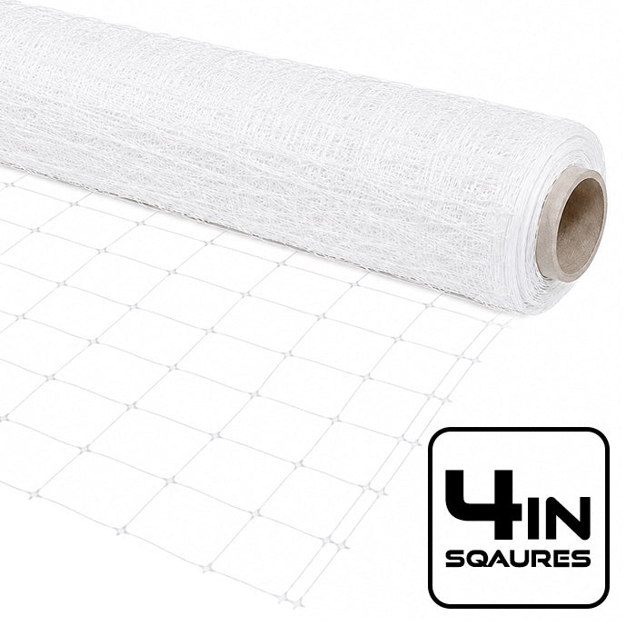 White trellis netting with 4-inch squares, rolled on a cardboard tube.