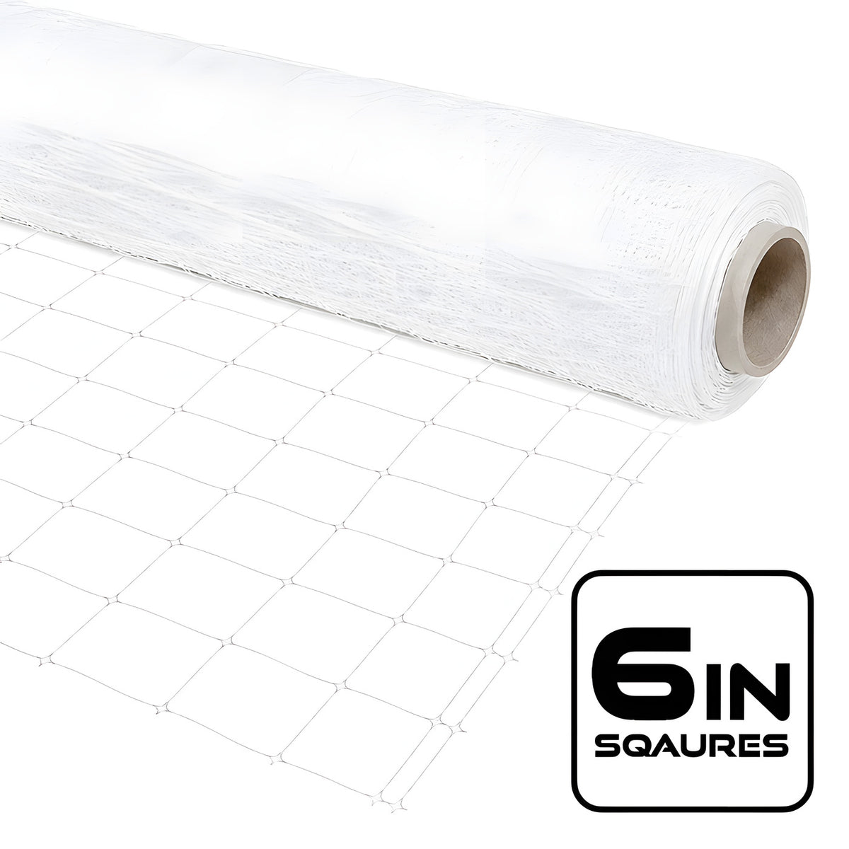 White trellis netting with 6-inch squares on a roll.