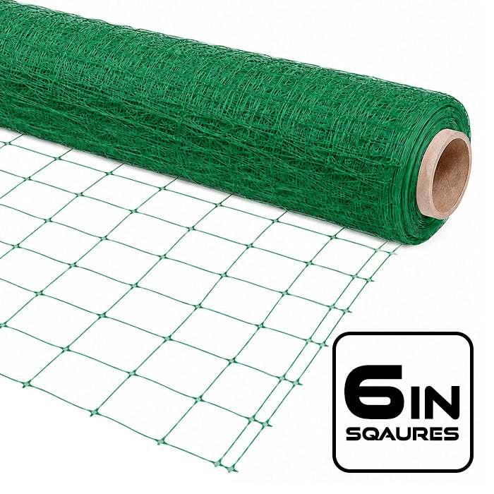 Green garden netting unrolled from a roll, showing diamond-shaped squares.