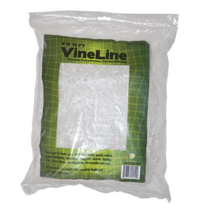 White VineLine garden netting in a clear plastic bag, with green grid pattern on label.