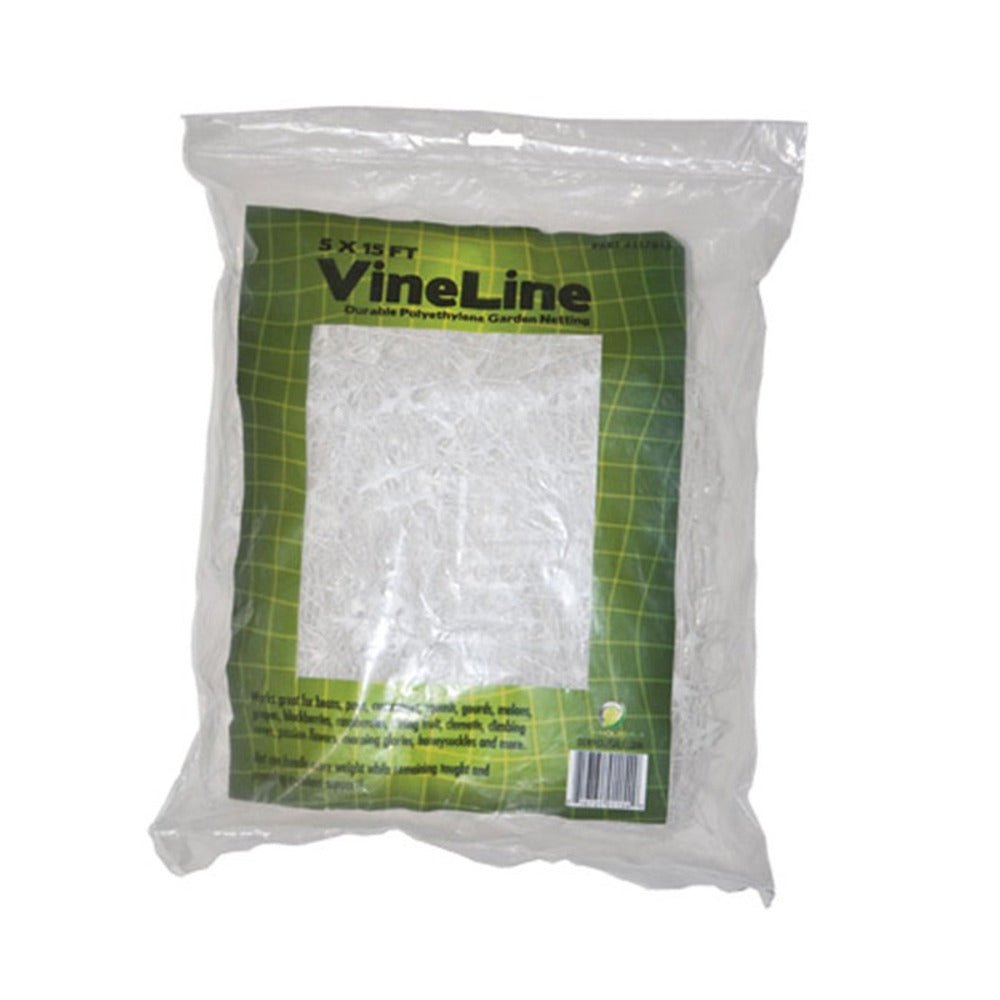 White VineLine garden netting in a clear plastic bag, with green grid pattern on label.