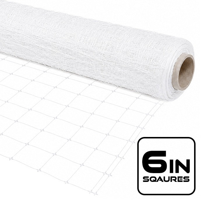 White trellis netting with 6-inch squares, rolled up on a cardboard tube.