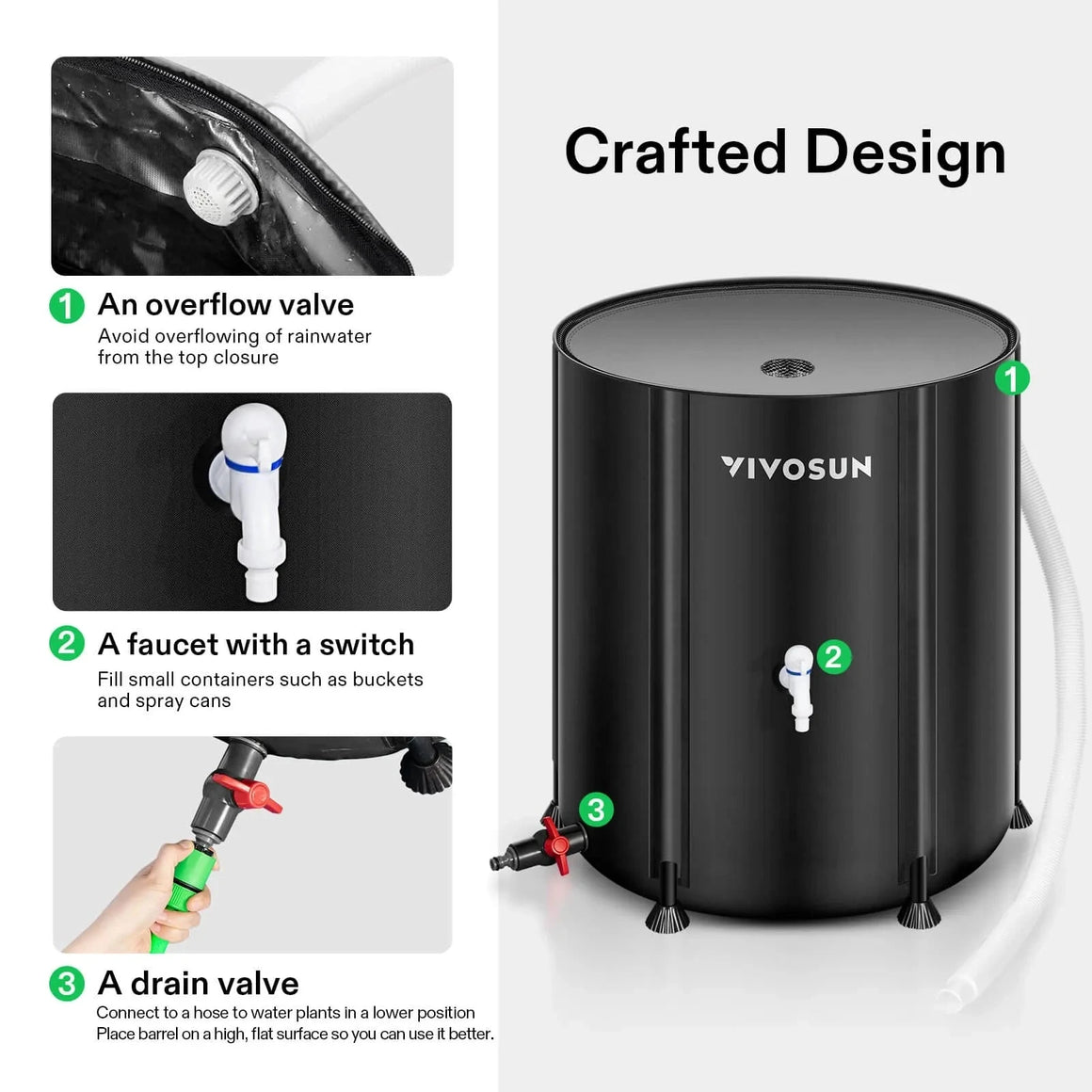 Black VIVOSUN collapsible rain barrel featuring an overflow valve, a faucet, and a drain valve with hose.
