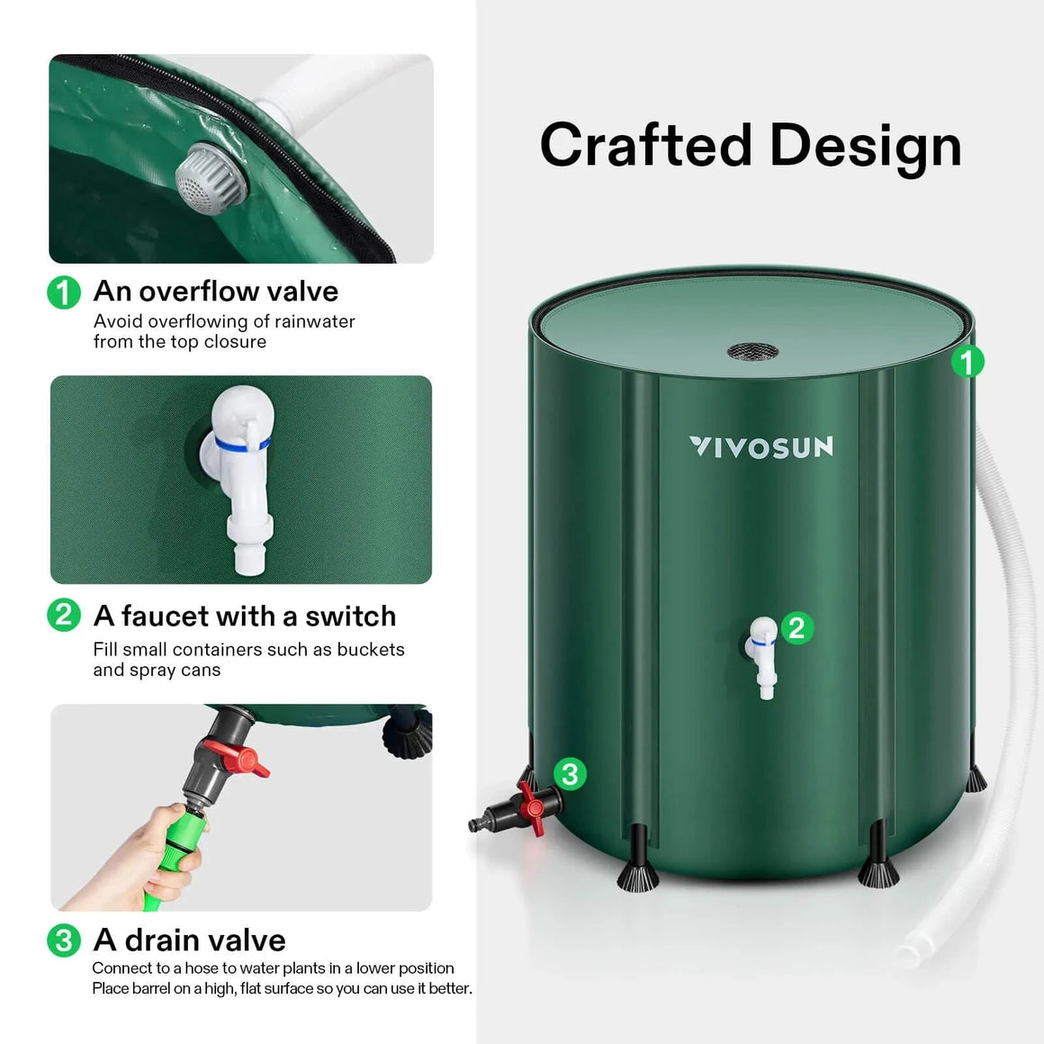 Green VIVOSUN collapsible rain barrel displaying its top overflow valve, side faucet, and bottom drain valve.