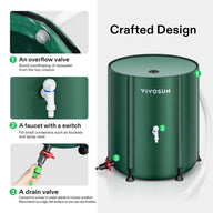 Green VIVOSUN collapsible rain barrel displaying its top overflow valve, side faucet, and bottom drain valve.
