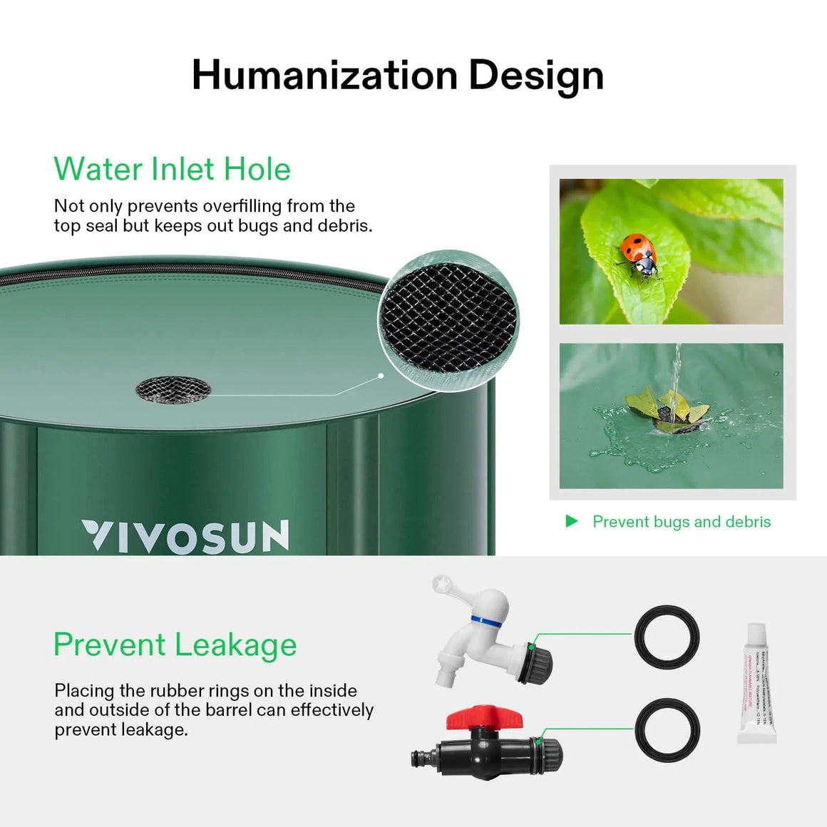 Vivosun 132-gallon green collapsible rain barrel, featuring humanization design, mesh inlet, and leak-proof spigots.