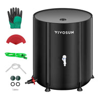 Black VIVOSUN 132-gallon collapsible rain barrel with two spigots, gardening gloves, hose, and plant labels.