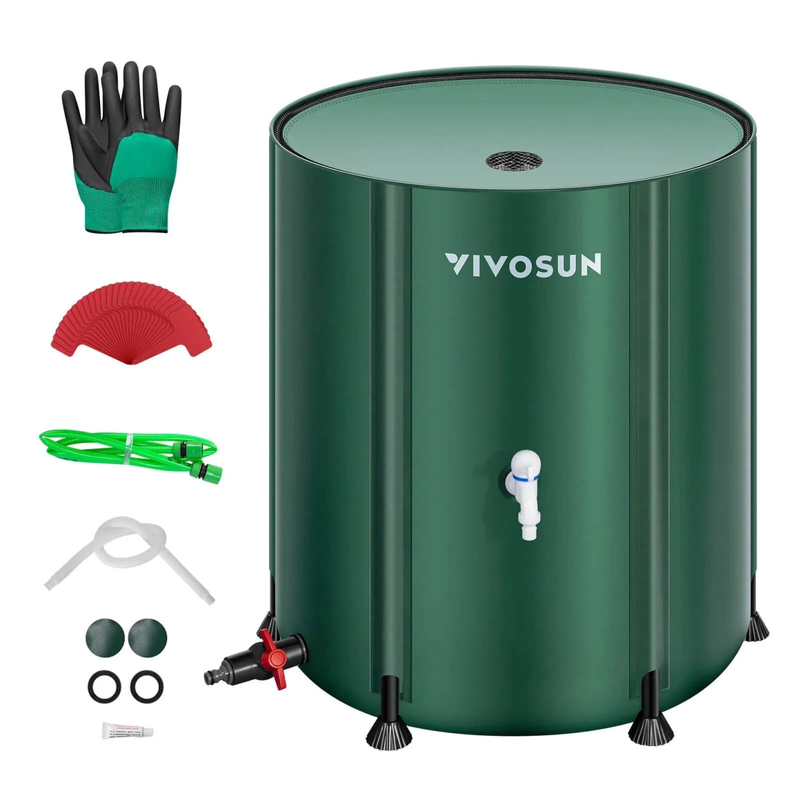 Green Vivosun 132-gallon collapsible rain barrel with two spigots, top mesh filter, and full set of accessories.