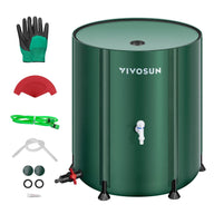 Green Vivosun 132-gallon collapsible rain barrel with two spigots, top mesh filter, and full set of accessories.