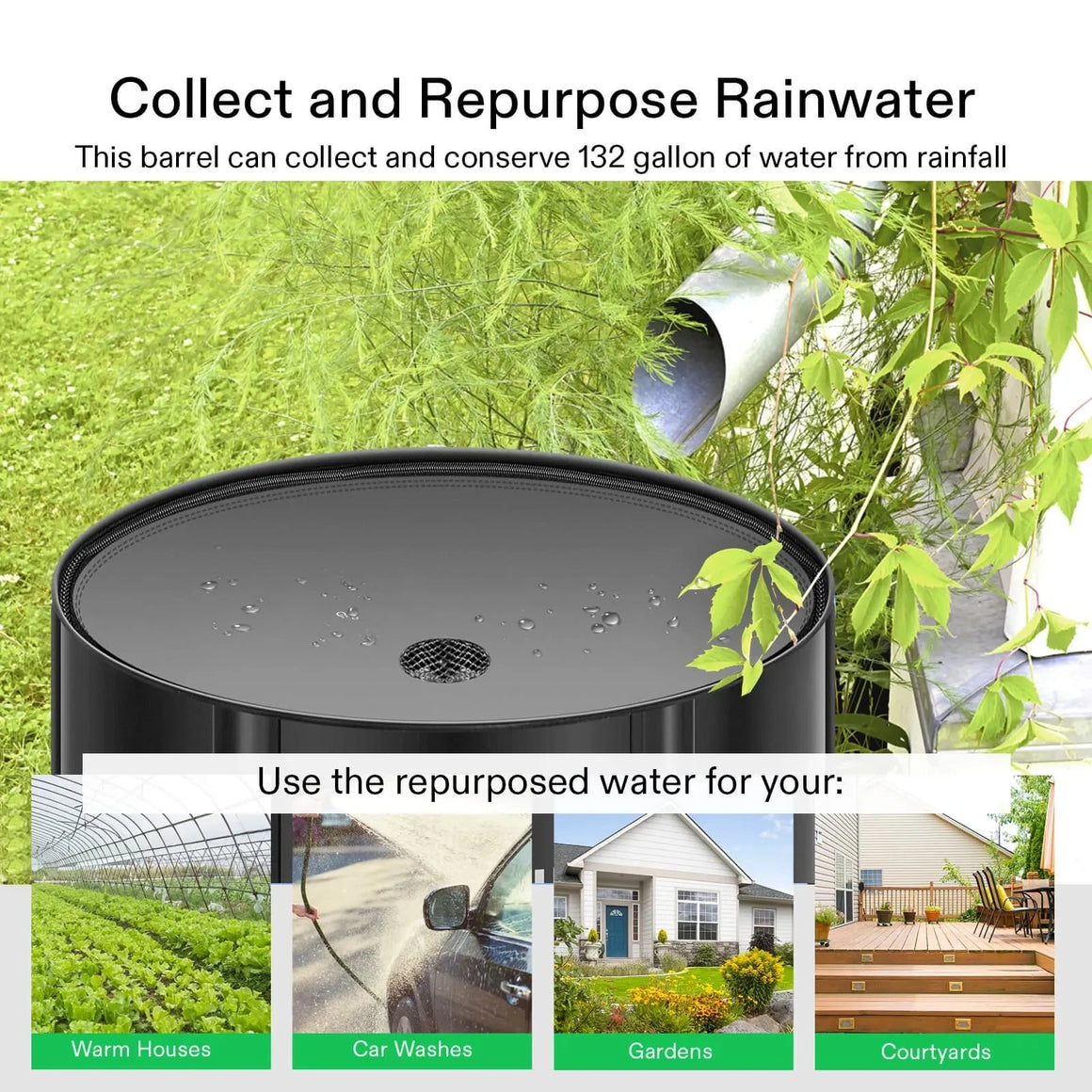 Black 132-gallon collapsible rain barrel collecting rainwater from a downspout, showcasing uses for gardens, car washes, and homes.