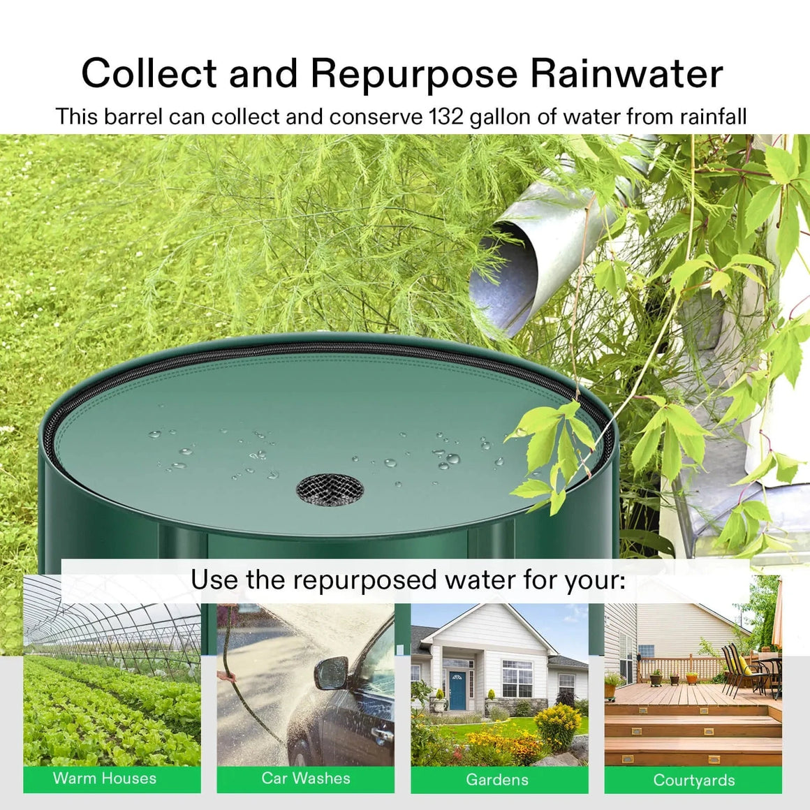 Green 132-gallon rainwater barrel collecting water from a downspout, used for gardens, car washes, and warm houses.