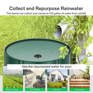 Green 132-gallon rainwater barrel collecting water from a downspout, used for gardens, car washes, and warm houses.