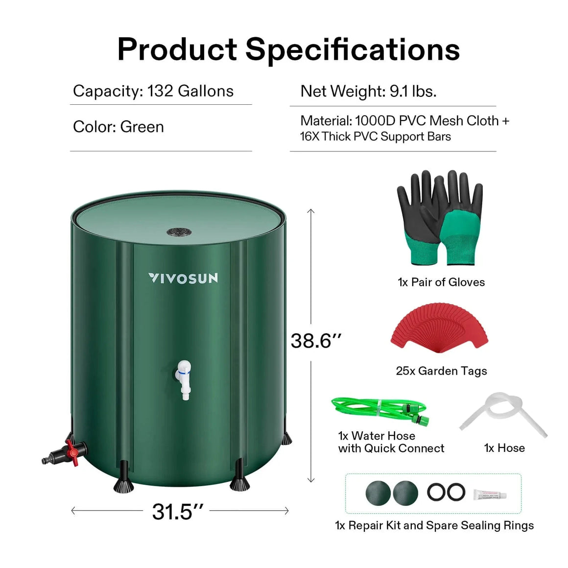 Green VIVOSUN 132-gallon collapsible rain barrel, 38.6"H x 31.5"D, with product specs and gardening accessories.